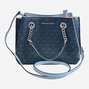 Michael Kors Teagan Small Satchel Crossbody Admiral Blue MK Signature Light Sky